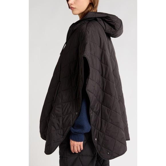 Zella Black Quilted Hooded Poncho Zip Front Diamond Stitch Cape with Pockets - Picture 8 of 15